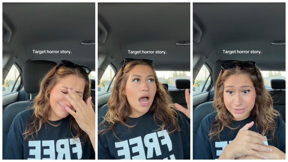 Split side images of a woman sitting in her car wearing a T-shirt saying ‘Free Hugs’ recounting a strange incident at Target. On-screen text reads ‘Target horror story’