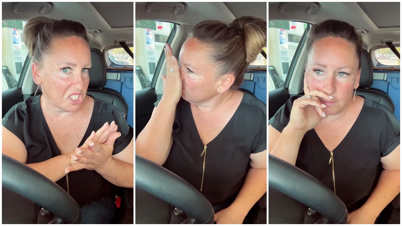 Split side images of a woman sitting in her car wearing a black top recounting a creepy Walmart encounter.