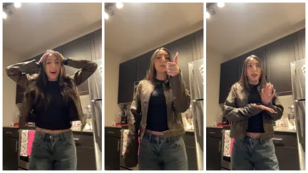 Split side images of a woman standing in her kitchen narrating a creepy encounter with an old man at Dollar Tree.