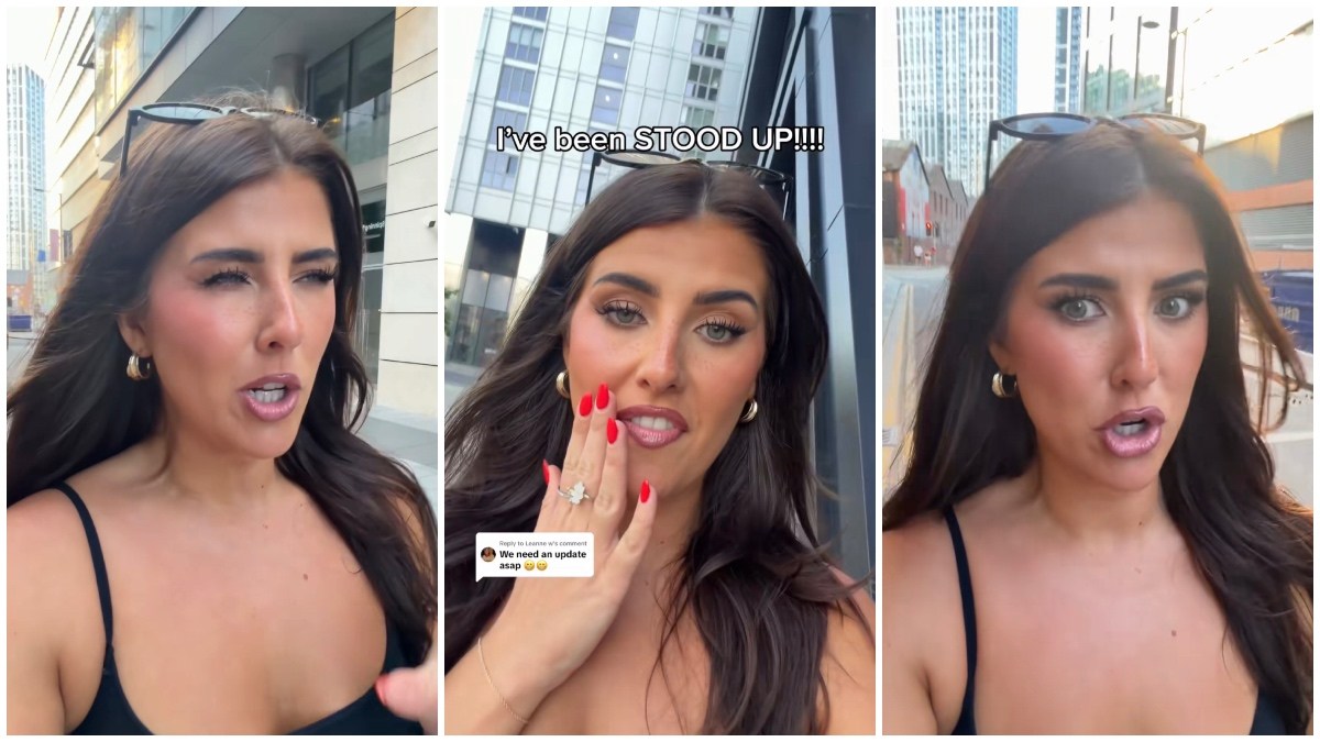 Split side images of a woman walking around the city telling the story of her recent date.