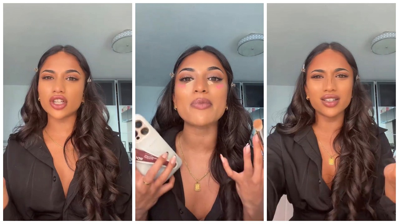 Split side images of a woman wearing a black collared dress doing her makeup while telling the story of getting scammed while trying to buy a cheap $350 Canon G7X camera.