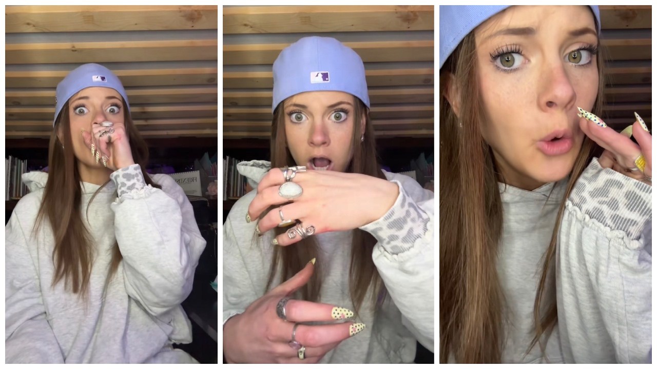 Split side images of a woman wearing a gray hoodie and blue beanie making elaborate expressions while recounting a story from her Subway job.
