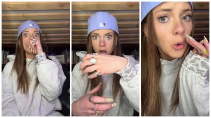 Split side images of a woman wearing a gray hoodie and blue beanie making elaborate expressions while recounting a story from her Subway job.
