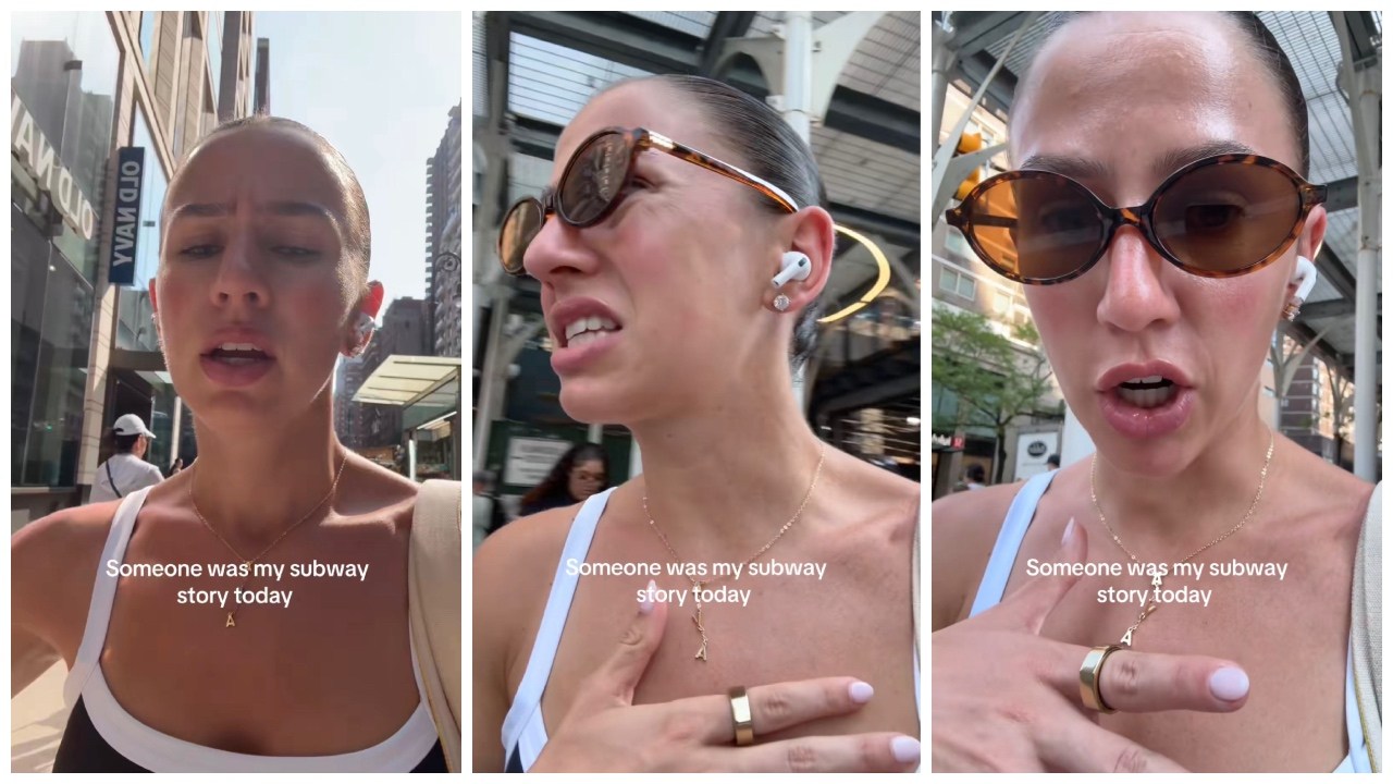 Split side images of a woman wearing sunglasses walking around NYC with on-screen text saying ‘Someone was my subway story today’
