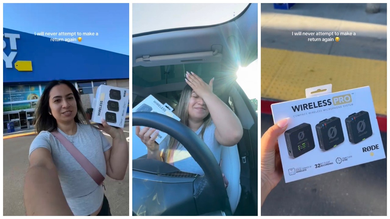 Split side images of woman walking out of Best Buy with a product in her hands; her sitting in her car face-palming; an image of Rode wireless microphone product pack.