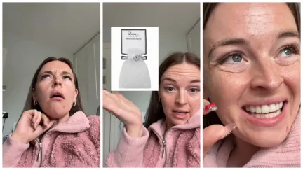 Split side images of woman wearing a pink fur jacket recounting her time working in a lingerie shop.