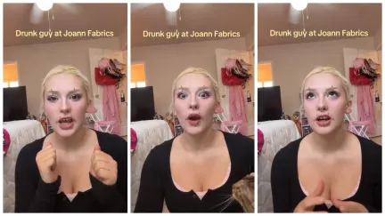 Split side images of a woman sitting in her bedroom recounting an incident about a drunk shoplifter at Joann Fabrics